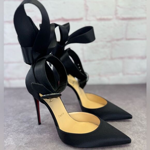 Christian Louboutin Crepe Satin Raissa 100 Ankle Strap Pumps 40 Black - Picture 3 of 9
